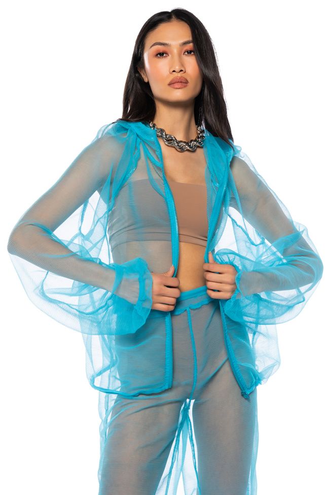 Front View I Dream Of Jeannie Pleated Mesh Zip Up Jacket In Blue