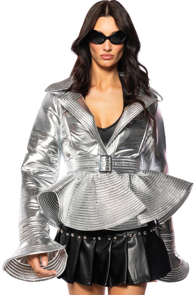 Extra View I Get It How I Live It Metallic Moto Puffer In Silver