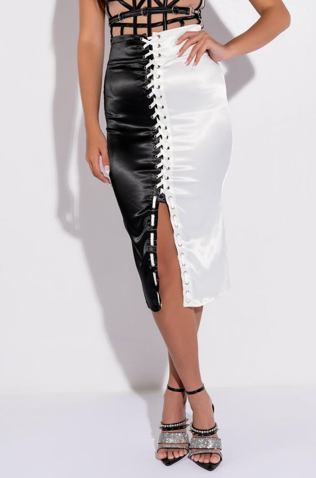 Front View I Mean Business Lace Up Satin Midi Skirt