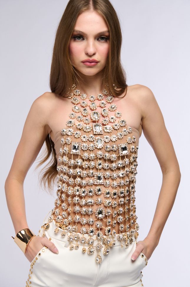 Front View Icy Girl Rhinestone Embellished Top In Gold