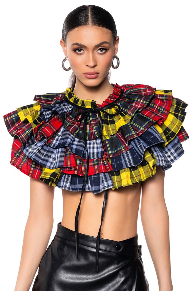 Front View If Only Plaid Smocked Crop Blouse