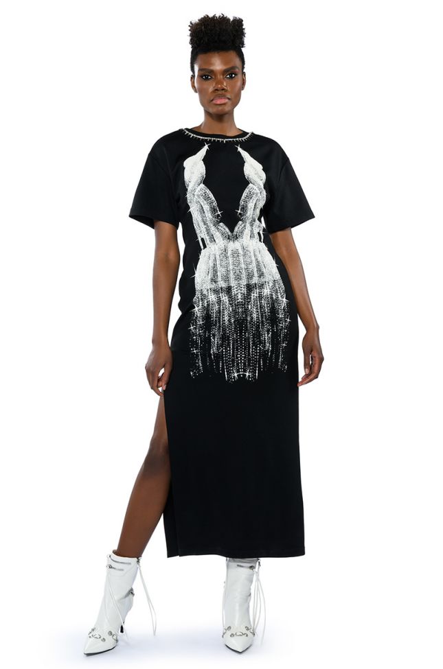 Side View Illusions Embellished Spike Detail Graphic Maxi Dress