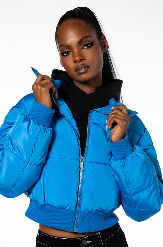 Front View Im Blue Puffer Bomber Jacket