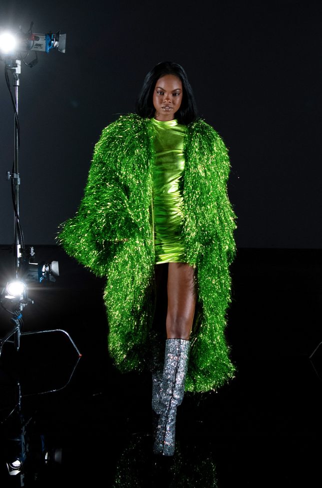 Extra View Im So Fancy Metallic Tinsel Trench In Green