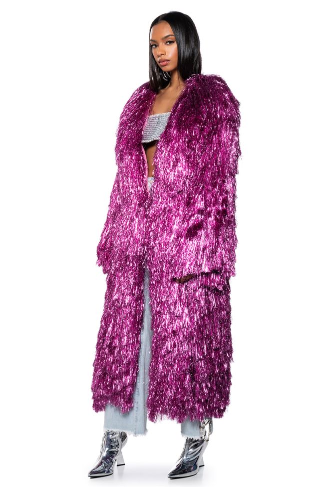 Front View Im So Fancy Tinsel Metallic Shaket Trench In Pink