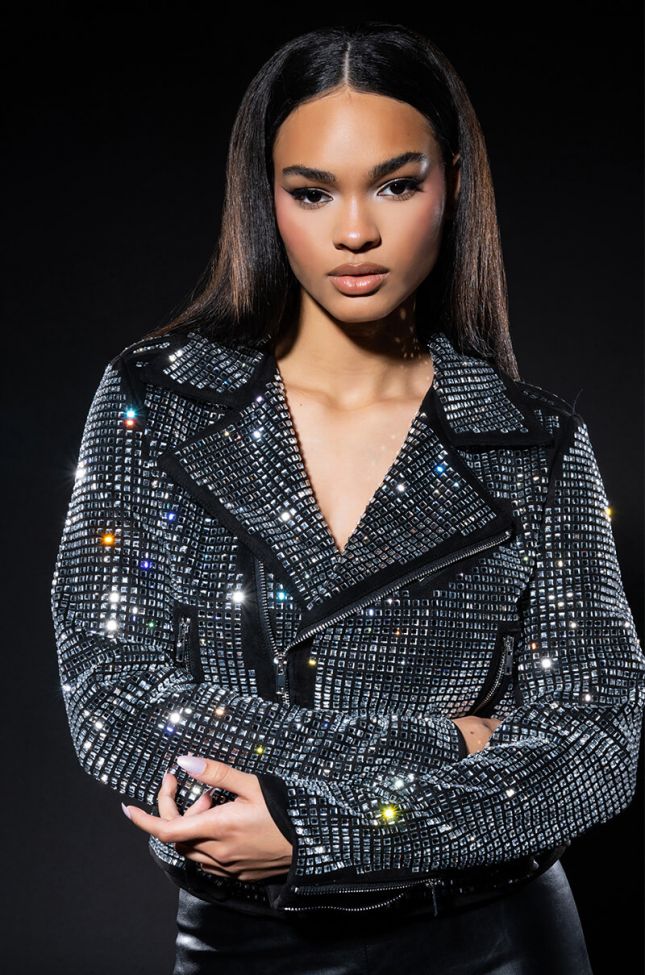 Front View Im The Ball Drop Silver Moto Jacket With Square Rhinestones