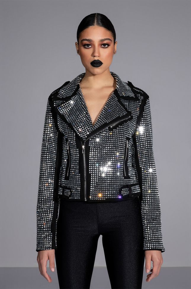 Extra View Im The Ball Drop Silver Moto Jacket With Square Rhinestones