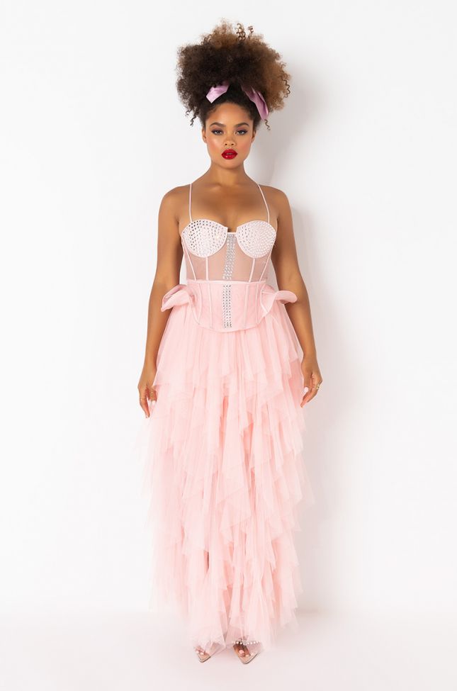Front View In It For The Fame Tulle Maxi Dress in Blush