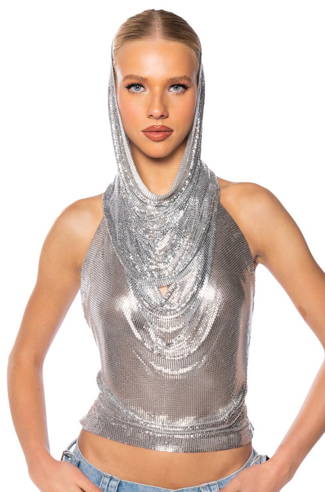 Front View In My Mind High Shine Hooded Chainmail Top