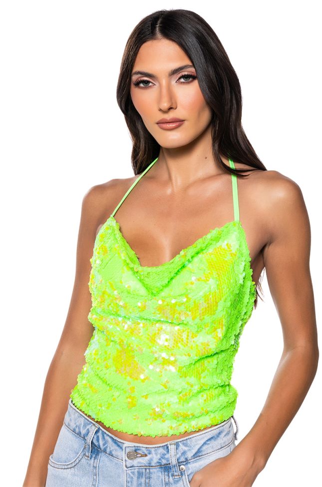 Front View In My Prime Sleeveless Sequin Top In Lime