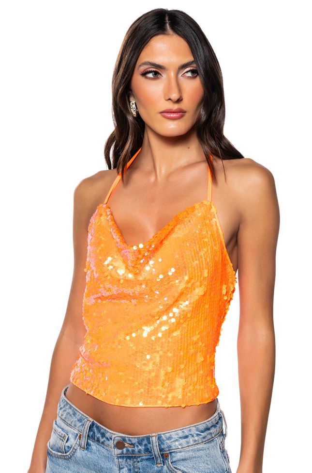 Front View In My Prime Sleeveless Sequin Top In Orange