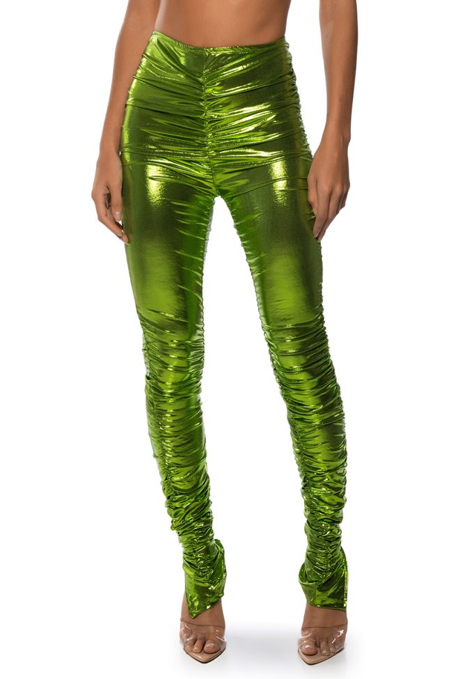 Front View In The Cosmos Metallic Ruched Legging In Green