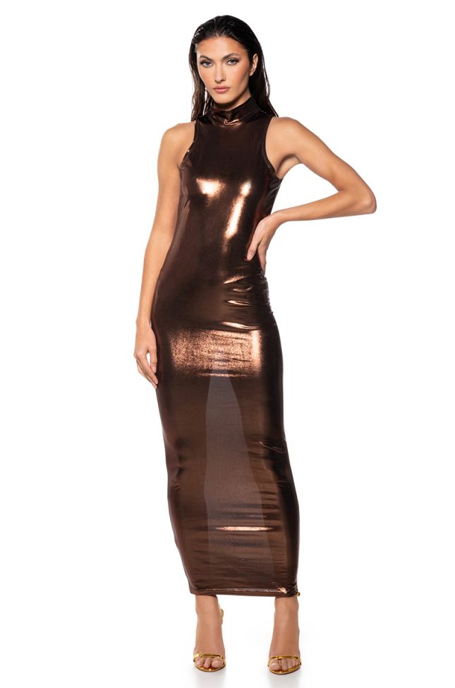 Front View In The Crowd Metallic Midi Dress In Brown