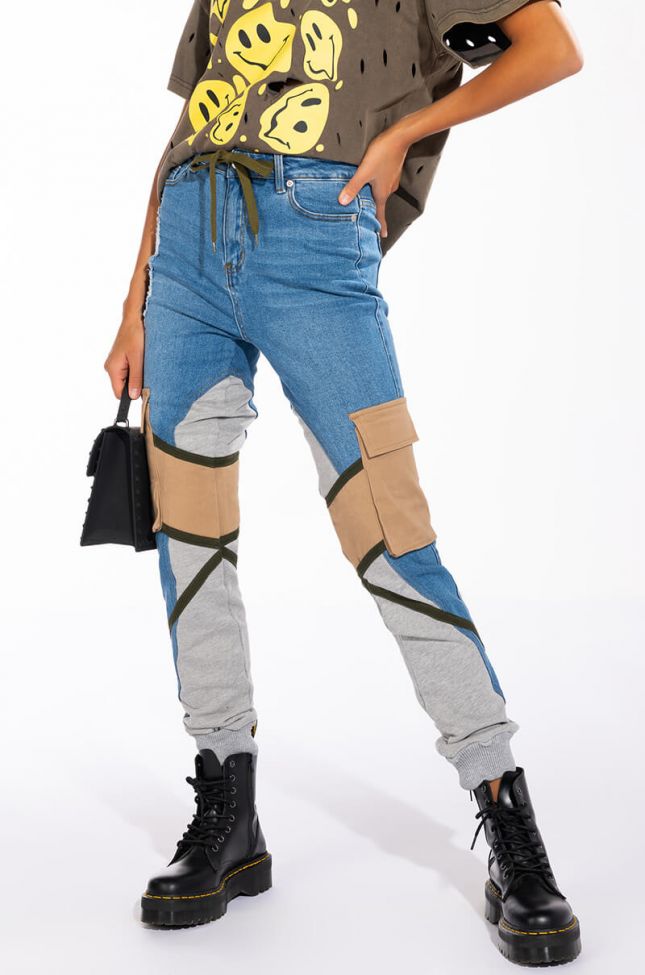 Front View In The Mix Drawstring Denim Joggers