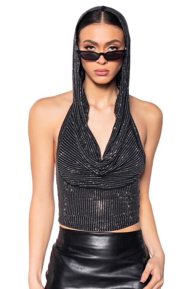 Front View In The Name Of Love Hooded Rhinestone Top