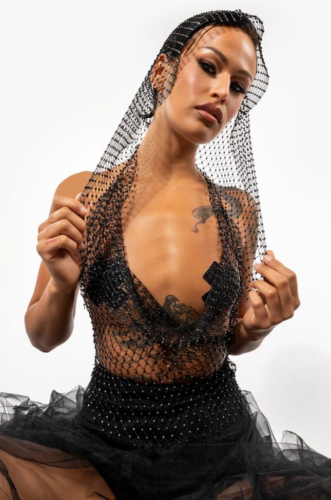 Front View In The Name Of Love Rhinestone Mesh Crop Top With Hood