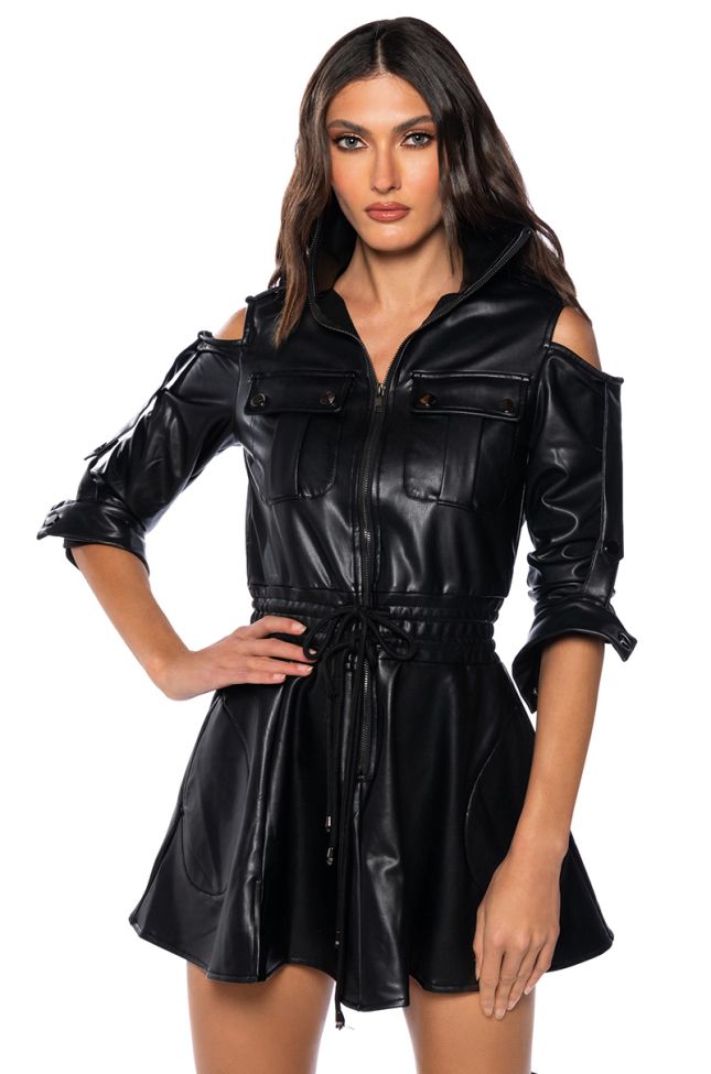 Front View Into The Matrix Faux Leather Long Sleeve Mini Dress