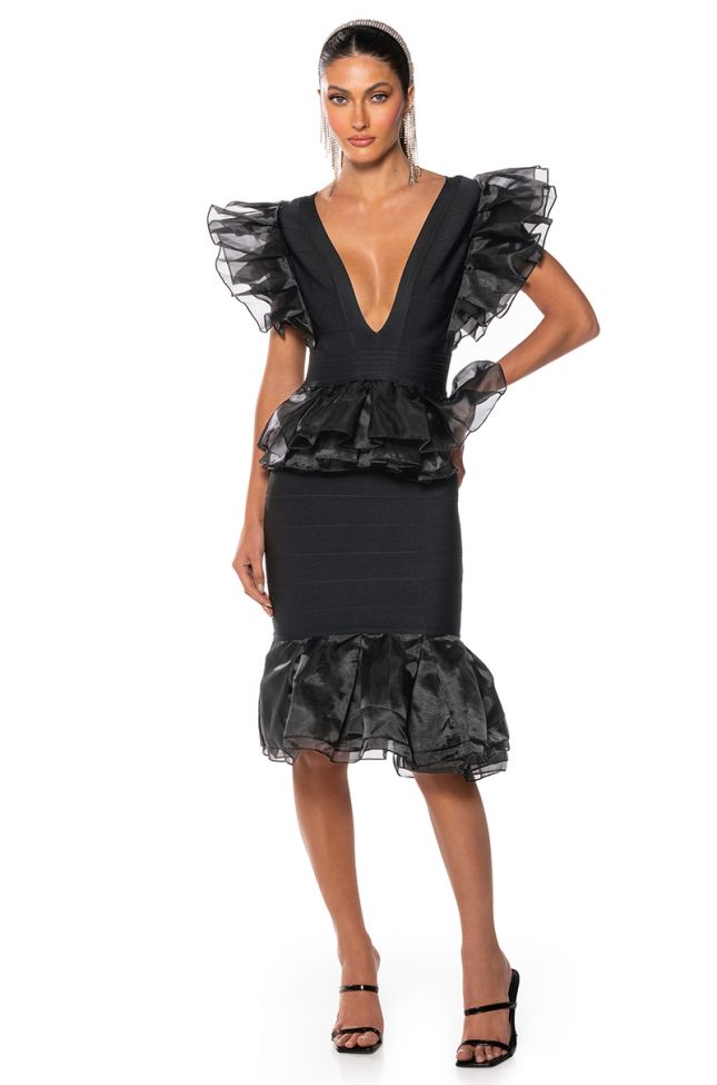 Front View Into The Night Black Ruffle Bandage Dress