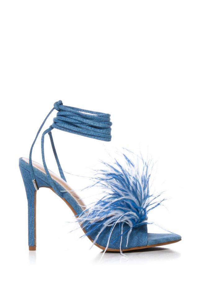 INTO YOU FEATHER DETAIL DENIM STILETTO SANDAL IN BLUE
