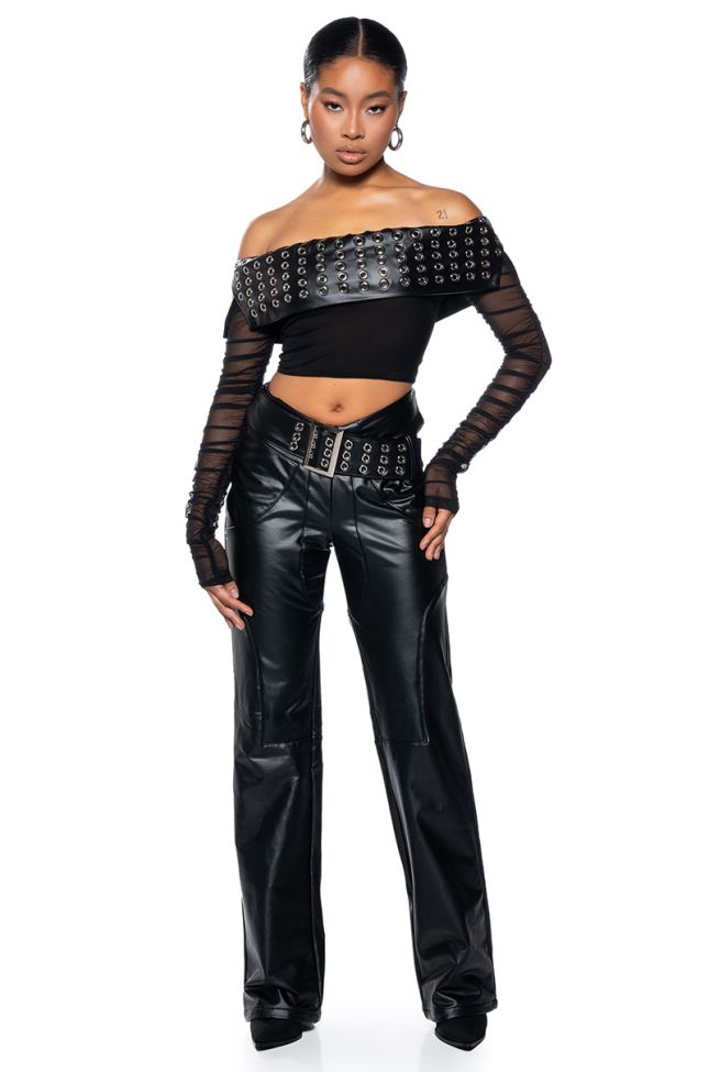 Side View Invest In Me Faux Leather Flare Leg Belted Pant