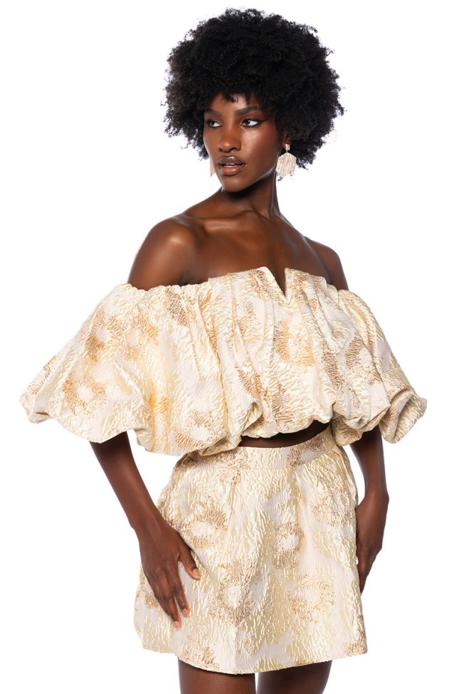 Front View Iris Off The Shoulder Brocade Blouse In Beige Multi