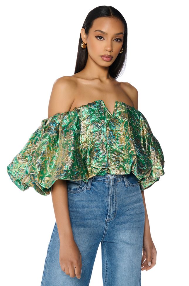 Front View Iris Off The Shoulder Brocade Blouse In Green