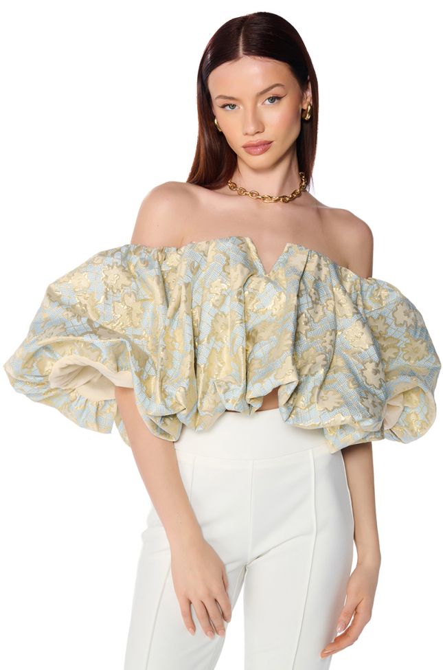 Front View Iris Off The Shoulder Brocade Blouse In Light Blue