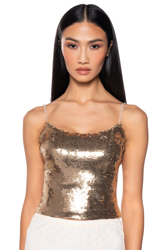 Front View Irresistible Girl Sequin Tank Top In Gold