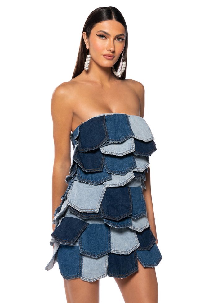 Back View Isla Bonita Patchwork Denim Strapless Mini Dress