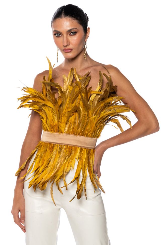 Front View Isla Statement Strapless Feather Top In Gold