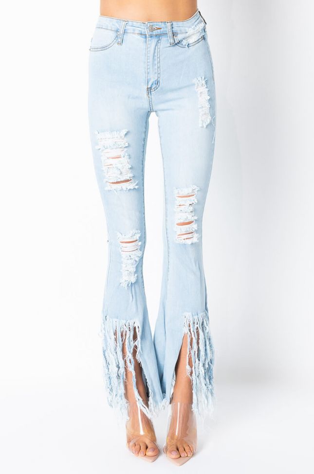 Front View It Up To Me High Rise Flare Jeans in Medium Blue Denim