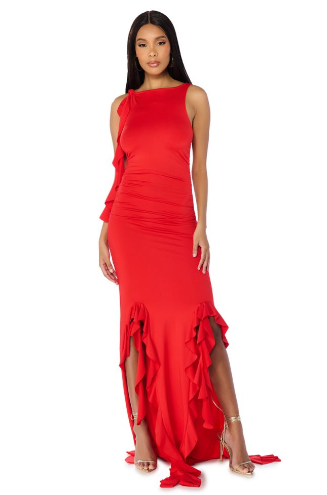 Side View Its A Party Ruffled Maxi Dress In Red