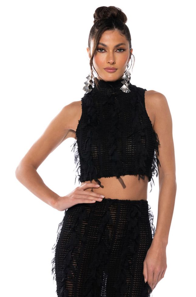 Front View Its A Wrap Macrame Mesh Sleeveless Mock Neck Top