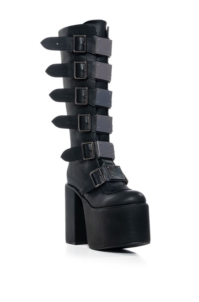 Back View Its Fate Embellished Knee High Buckle Boot In Black