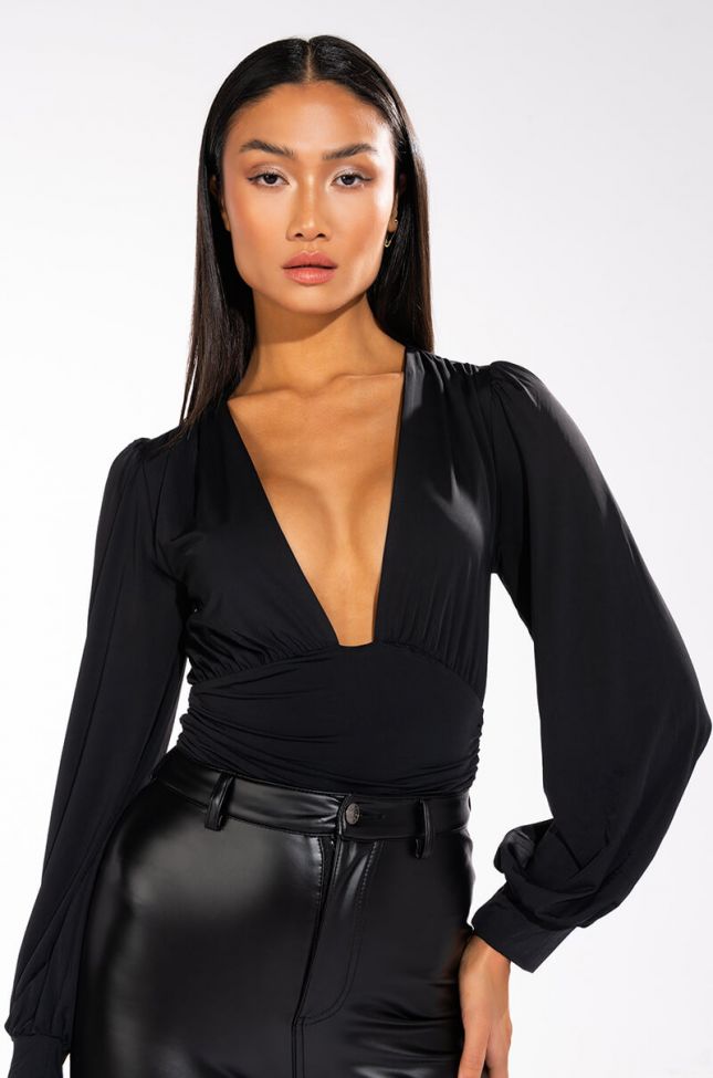 Front View Its Getting Late Long Sleeve V Neck Cheeky Bodysuit