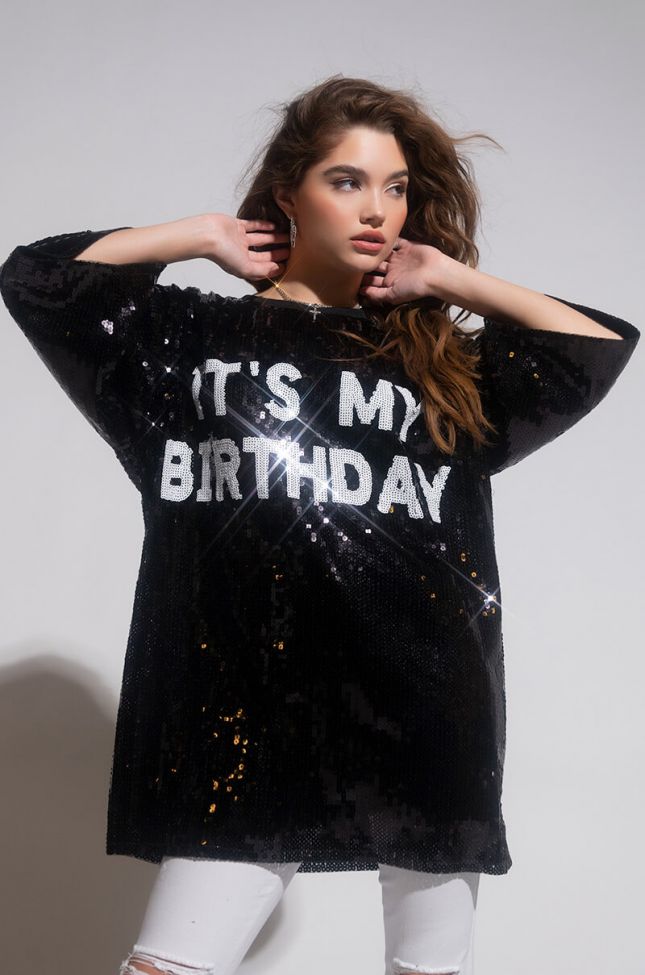 Front View Its My Birthday Sequin Tshirt Dress in Black White