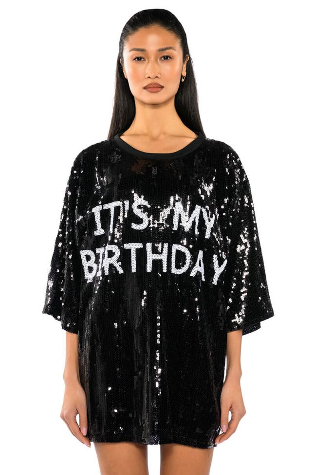 Front View Its My Birthday Sequin Tshirt Dress