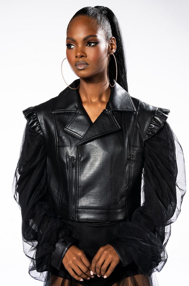 Front View Its My Time Moto Jacket With Mesh Puff Sleeve
