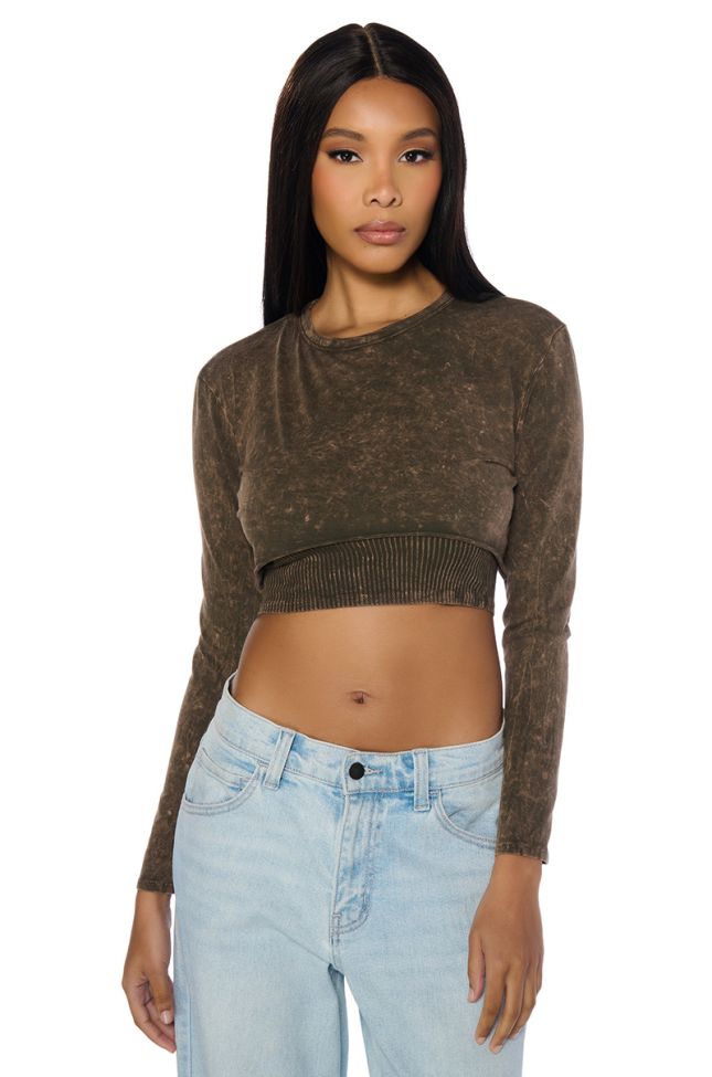 Front View Ivy Cropped Mineral Wash Long Sleeve Tee
