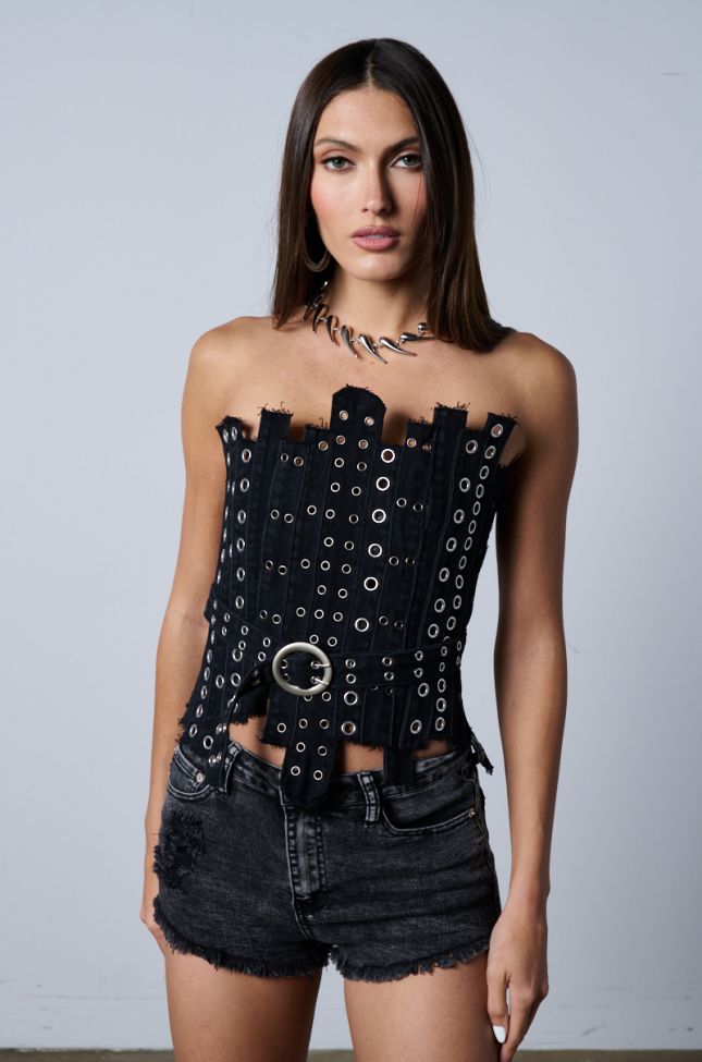 Front View Ivy Patchwork Belted Denim Corset