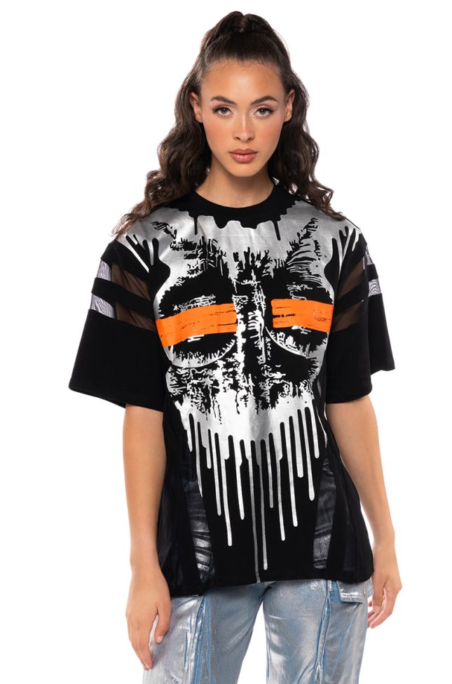 Front View Jaded Drip Mesh Detail Graphic T Shirt