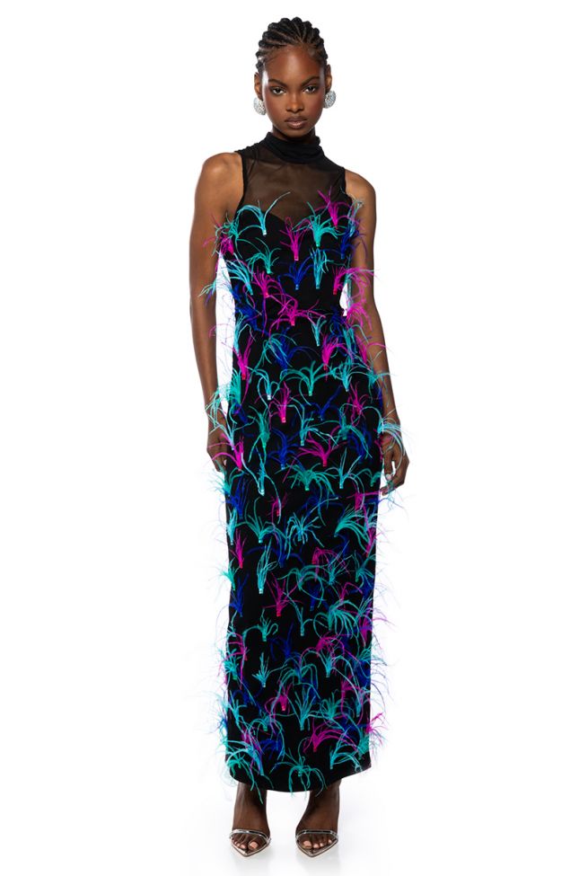 JAZZED UP FEATHER MAXI DRESS