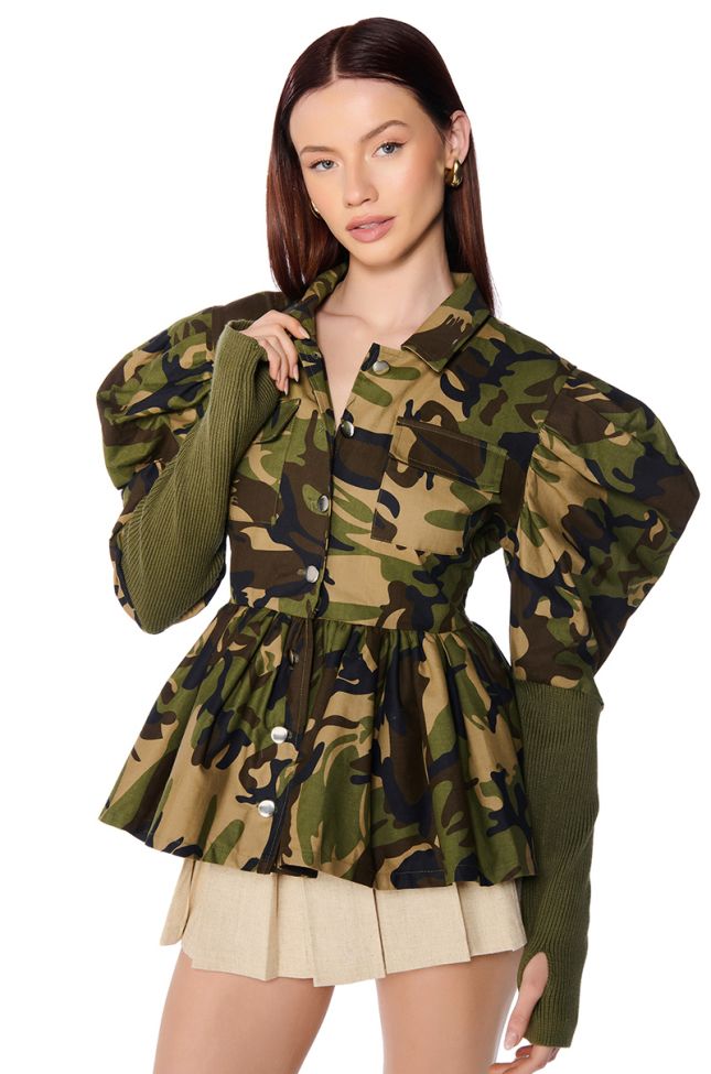 Front View Jeffers Green Camo Jacket With Fitted Rib Arms
