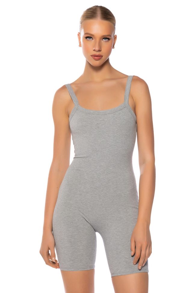 Front View Jenna Classic Scoop Back Romper In Grey