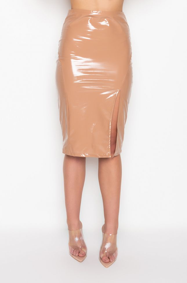 Front View Jezebel Faux Leather Super Snatched Midi Skirt