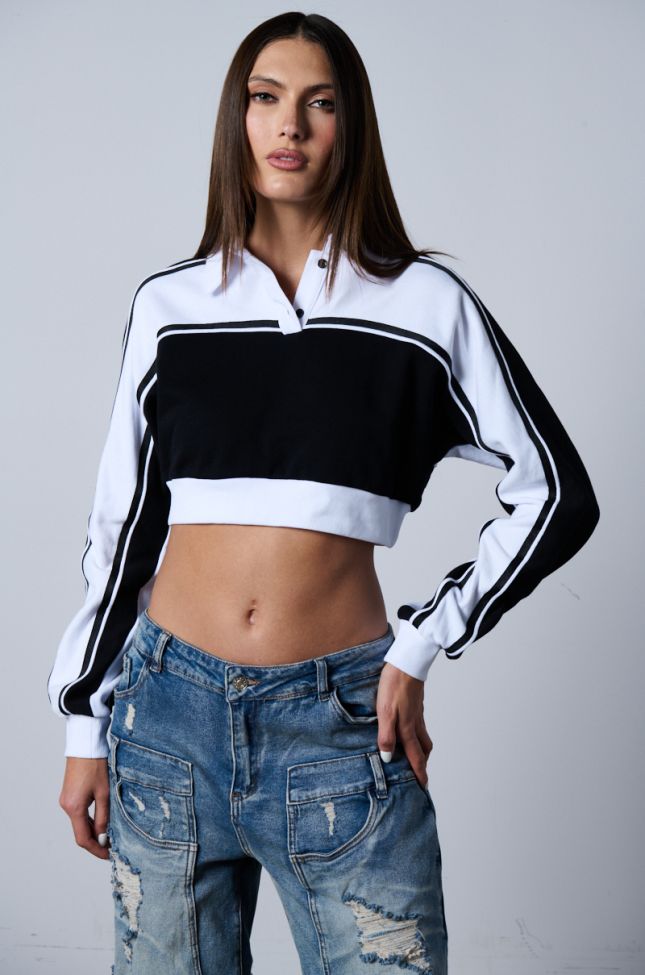 Front View Jojo Cropped Collared Long Sleeve Shirt