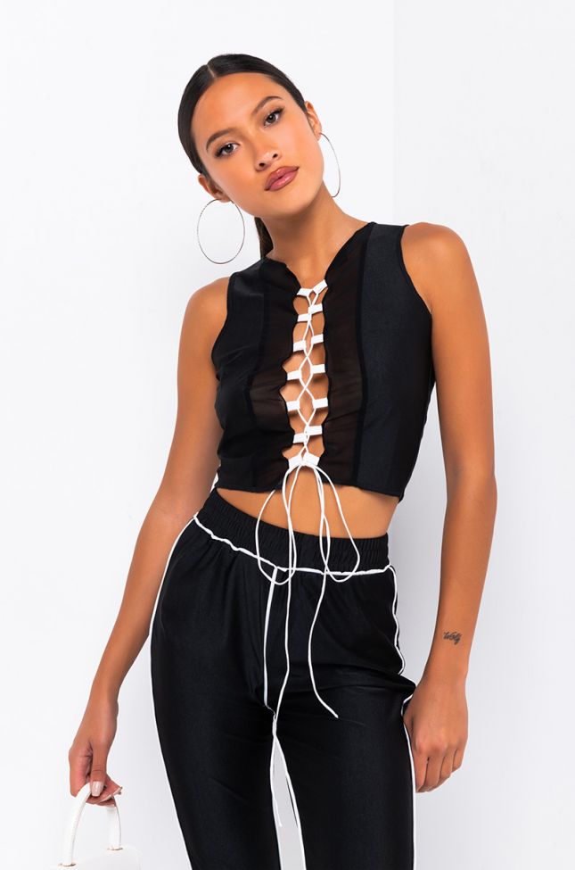 Front View Jokes On You Boo Mesh Lace Up Top in Black