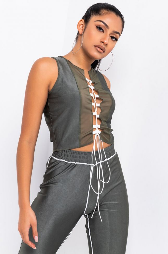 Front View Jokes On You Boo Mesh Lace Up Top in Olive