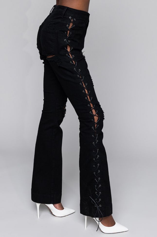 Side View Just A Look Lace Up Flare Jeans in Black