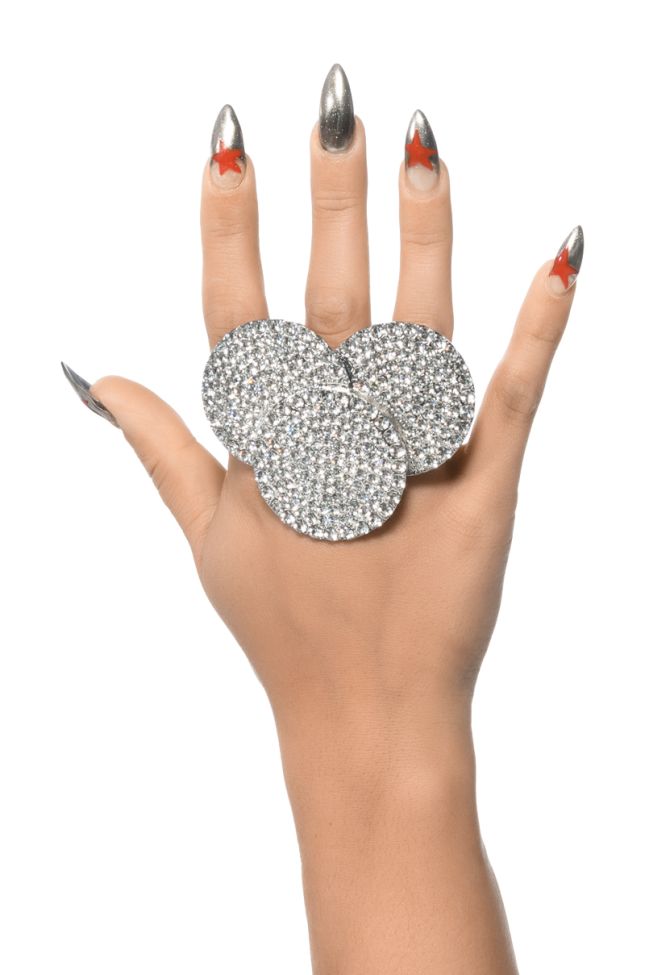 Front View Just Dance Embellished Cocktail Ring In Silver